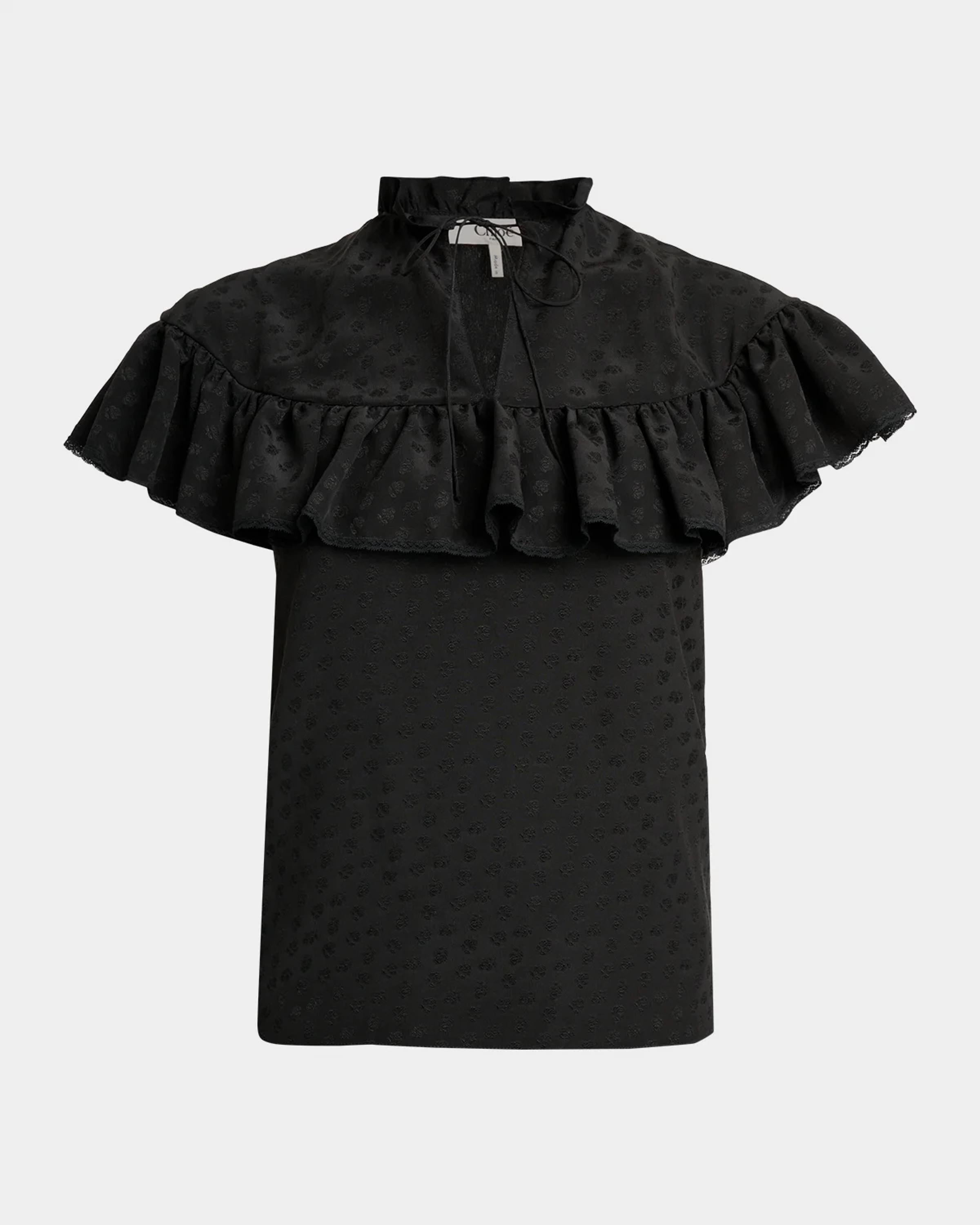 Tonal-Jacquard Ruffled Short-Sleeve Top