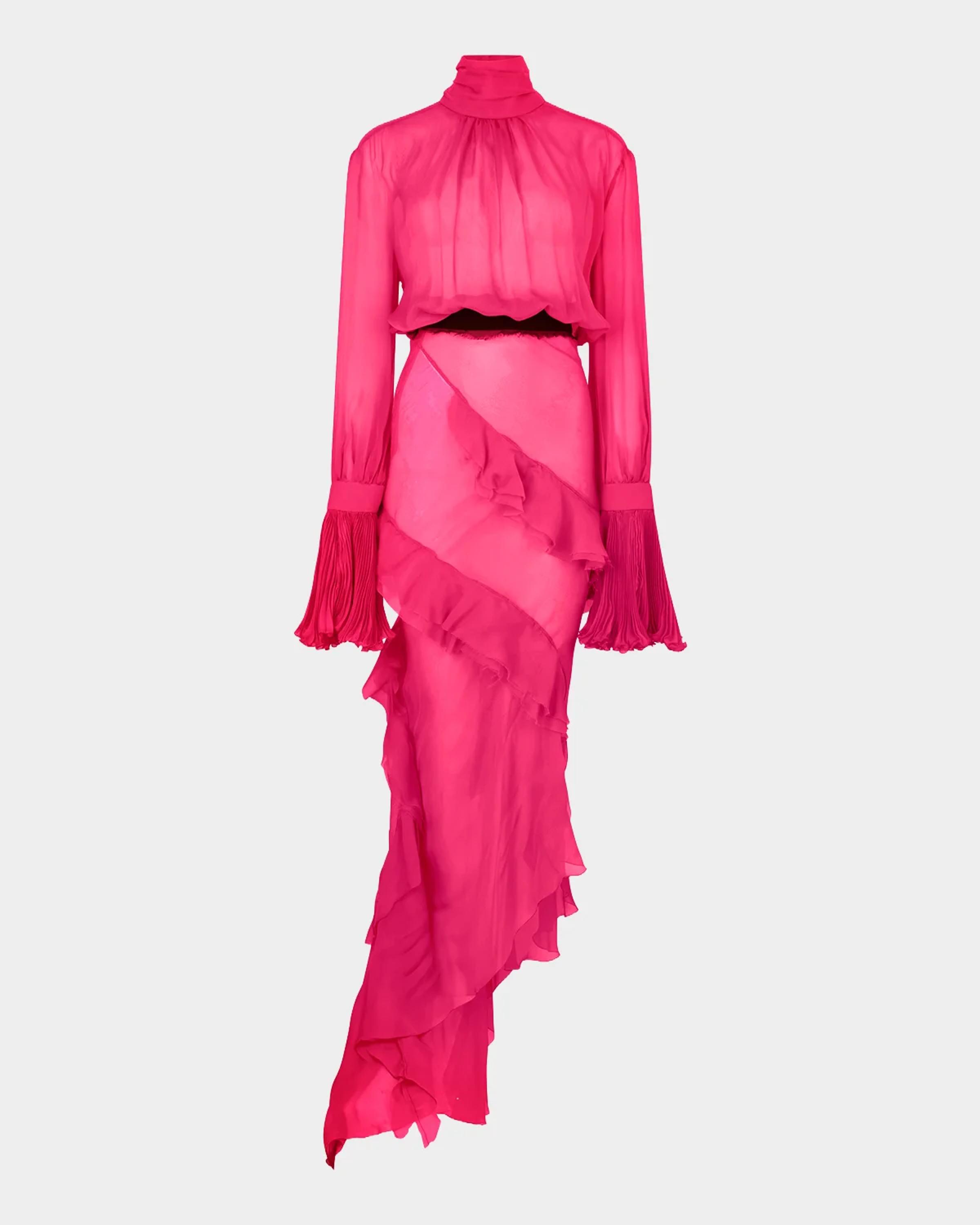 Roberto Cavalli Turtleneck Ruffle Silk Chiffon Asymmetric Midi
