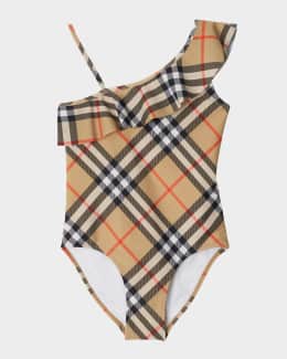 Girl's Fern Ruffled One-Shoulder Check One-Piece Swimsuit