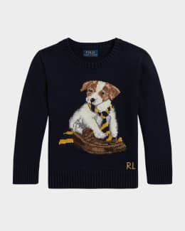 Boy's Dog Intarsia Knit Cotton Crewneck Sweater