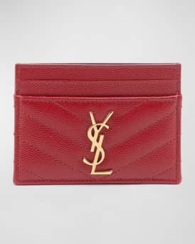 YSL SAINT LAURENT Logo Leather Card Case Wallet--Red/Gold