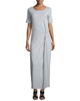 Joan Vass Short Sleeve Ruched Jersey Maxi Dress Neiman Marcus