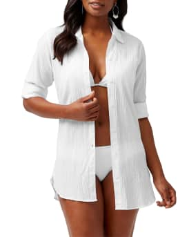 Tommy Bahama Crinkle Cotton Point Collar Long Roll-Tab Sleeve Boyfriend  Swim Cover Up Shirt