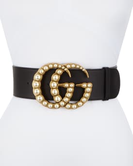 Gucci Wide Leather Belt w Pearlescent Beads Black Cream