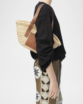 Basket Small Bag in Palm Leaf with Leather Handles