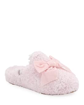 Addison Velvet-Bow Curly Sheepskin Slippers
