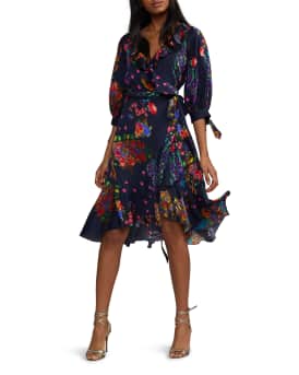 Roseland Printed 3 4 Sleeve Ruffle Wrap Dress
