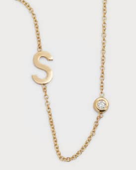 14k Gold Asymmetrical Initial and Bezel Diamond Necklace