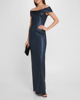 Twist-Front Off-Shoulder Stretch Metallic Gown