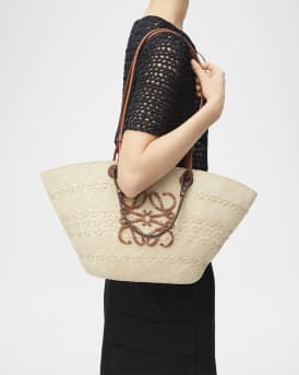 x Paula's Ibiza Anagram Basket Bag in Iraca Palm with Leather Handles