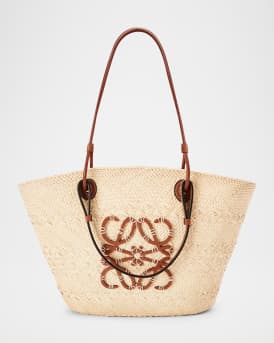 x Paula's Ibiza Anagram Basket Bag in Iraca Palm with Leather Handles