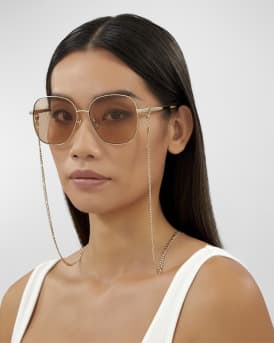 Square Metal & Acetate Sunglasses w/ Chain Strap