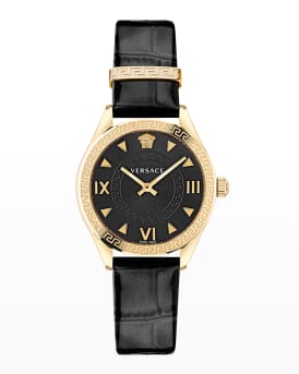 Versace Hellenyium Watch with Black Alligator Embossed Strap Yellow Gold IP Neiman Marcus