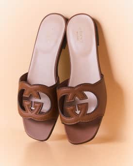 Leather Logo Cutout Flat Sandals