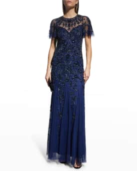 Beaded Sequin Flutter Sleeve Gown