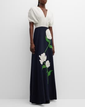 Plunging Floral Bi Color A Line Gown