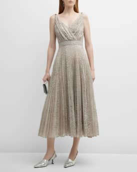 Erdem Metallic Lace Crystal Straps Pleated Midi Dress Neiman Marcus