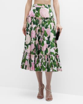Hydrangea Printed Midi Skirt w/ Ruffle Details