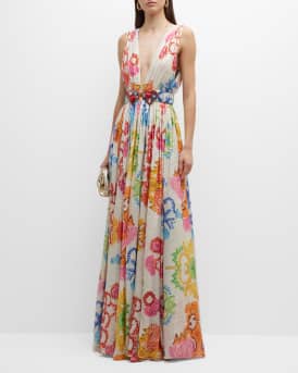 Rianna Nina Symi Plunging Mesogios Print Metallic Jacquard Maxi Evening Dress w Belt Neiman Marcus