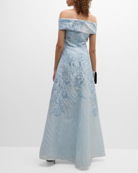 Off-Shoulder Metallic Floral Jacquard Gown