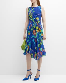 Fuzzi Draped Floral Print Tulle Midi Dress Neiman Marcus