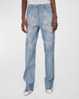Et Ochs Easton Mid-Rise Floral Crystal Embroidered Straight-Leg