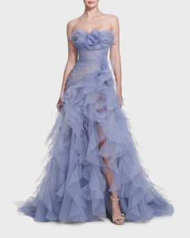 Textured Organza Ball Gown with Floral Draped Details