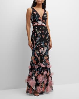 Deep V Neck Embroidered Tulle Gown