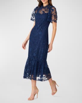 Shoshanna Embroidered Mesh Flounce Midi Dress Neiman Marcus