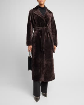 Reversible Shearling Lamb Belted Long Coat With Side Slits