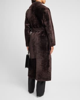 Reversible Shearling Lamb Belted Long Coat With Side Slits