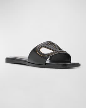 VLogo Leather Cutout Flat Slide Sandals