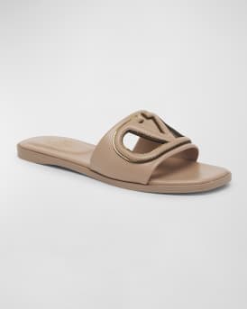 VLogo Leather Cutout Flat Slide Sandals