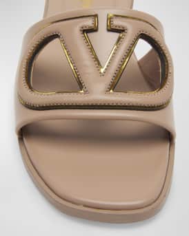 VLogo Leather Cutout Flat Slide Sandals