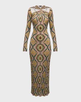 Etro Twisted Cutout Medallion-Print Long-Sleeve Rib Knit Maxi