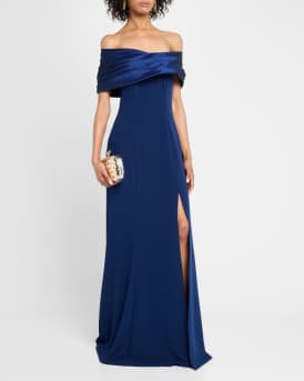 Off-Shoulder A-Line Crepe & Taffeta Gown