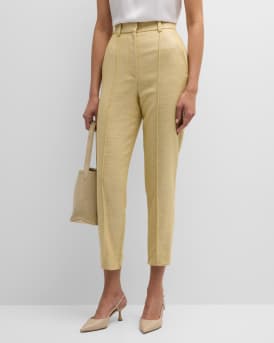 St. John High-Rise Slim-Leg Ankle Zip-Hem Metallic Twill Pants 