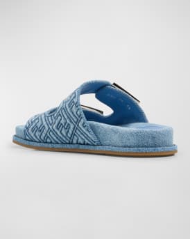 FF Embroidered Denim Dual Buckle Slide Sandals