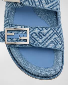 FF Embroidered Denim Dual Buckle Slide Sandals