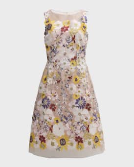 teri jon by rickie freeman floral embroidered tulle midi dress Floral Embroidered Tulle Elbow Gown – Terijon.com main image 1