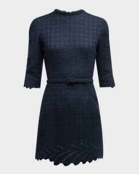 Fern Embroidered 3/4-Sleeve Belted Tweed Mini Dress