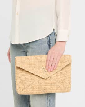 Large YSL Envelope Pouch Clutch Bag in Raffia & Leather