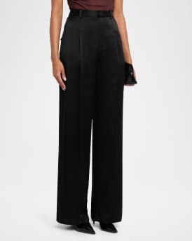 Mid-Rise Pleated Relaxed Straight-Leg Doubleface Satin Pants