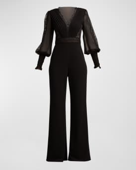 Pleated Lace-Inset Crepe Jumpsuit
