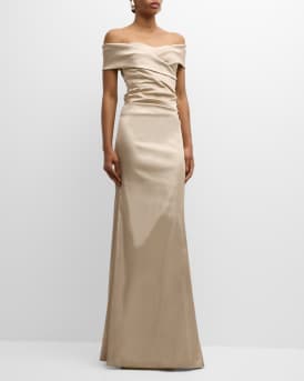 Pleated Off-Shoulder Satin Column Gown