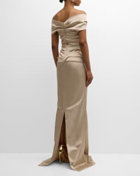 Pleated Off-Shoulder Satin Column Gown