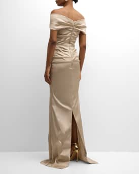 Pleated Off-Shoulder Satin Column Gown