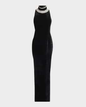 Velvet Open Back Gown with Crystal Embroidery