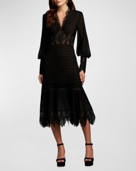 Lace-Inset Pleated Chiffon Midi Dress