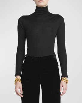 Turtleneck Long-Sleeve Fine Cashmere-Silk Top